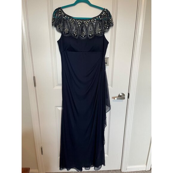Xscape Cap-Sleeve Beaded Yoke Sheer Gown By Davids Bridal Sz 16 Ruched Navy NWT - Picture 4 of 12